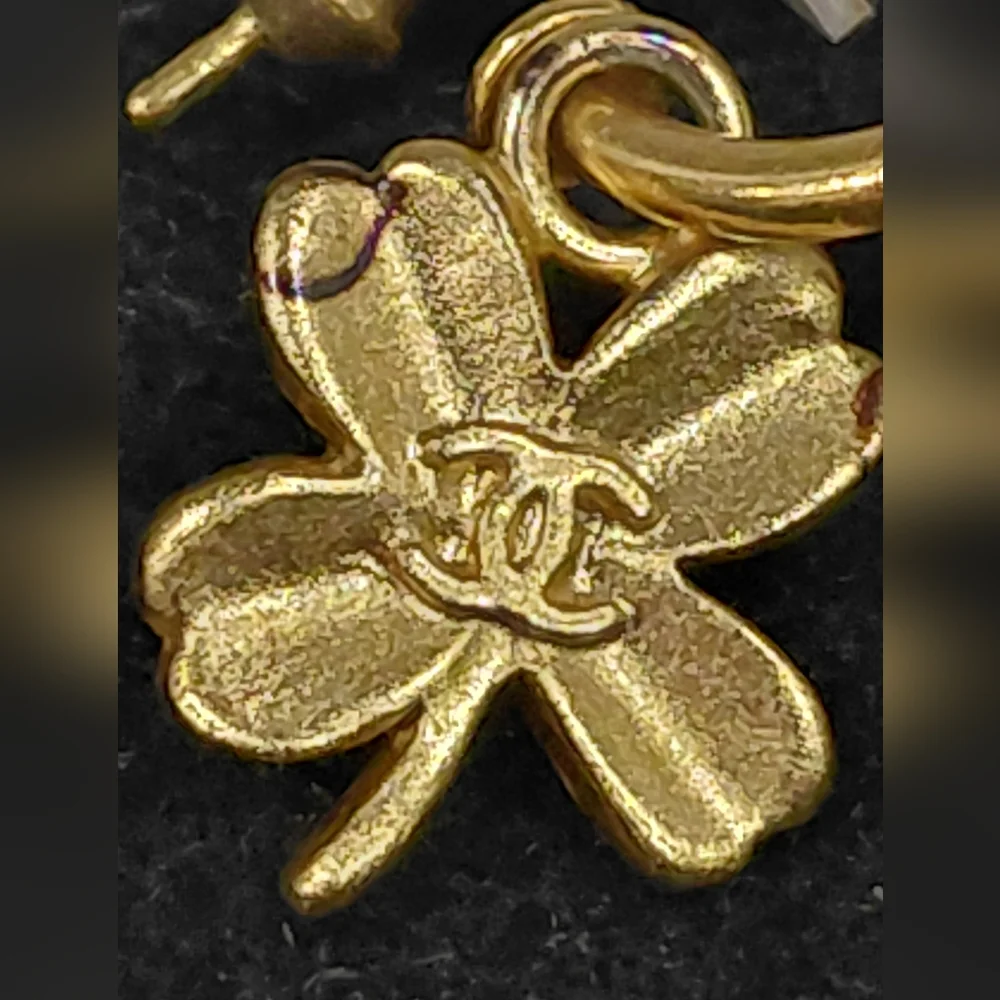 Chanel Gold Lucky 4 Leaf Clover Charm Hoop Pierced Earrings. Authentic VGC